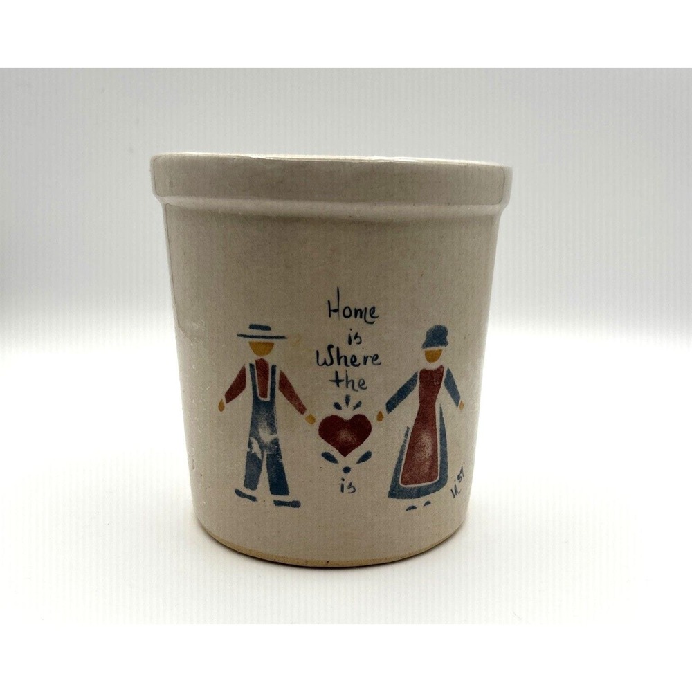 Robinson Ransbottom Crock 5.25in Tan Amish Folk Art Heart 1987 Stoneware